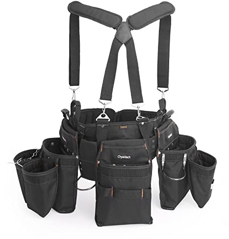 Chyaidach 16-Pockets Tool Belts for man with Suspenders, Detachable & Adjustable Tool Pouches Bag & Back Support Tool Belt Combo for Electrician/Carpenter/Construction/Framers/Handyman