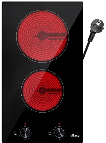IsEasy Table de Cuisson Vitrocéramique 2 Foyers, Plaque Vitrocéramique 2 Foyers 3200W - Encastrable, Bouton de contrôle, Noir, (IS-1821)