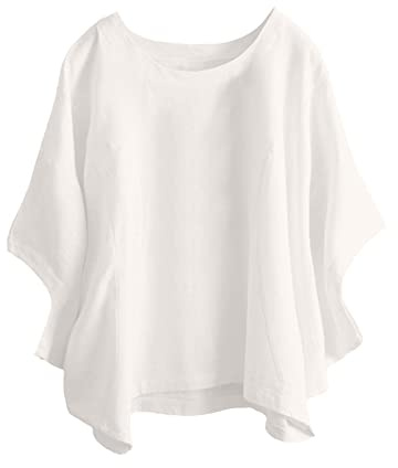 Chemisiers et Blouses Femme Col Rond Coton et Lin Fluide Manches 3/4 Chemise Femme Chic et Élégant D'été Blouse Femme Pas Cher Marque Sport de Travail Cintré Vêtements Femme Blanc XXL