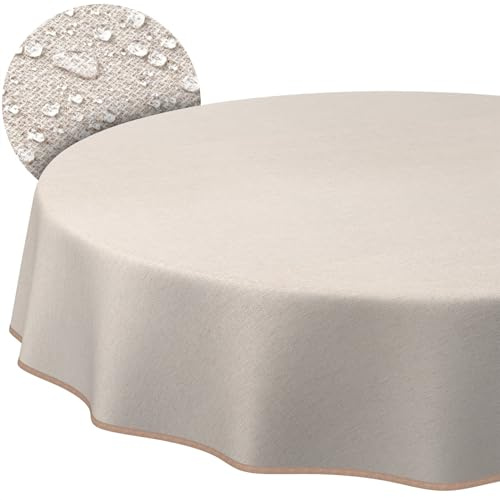 Stoff Tischdecke Textil Tischwäsche Tischtuch Baumwolle Polyester abwaschbar Uni Ornament Damast Jacquard Gewebe waschbar Beige Grau Rund 170cm mit Saum (Eingefasst)