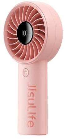 JISULIFE Handventilator, 5000mAh Akku, verbesserter tragbarer Ventilator mit starkem Wind, USB wiederaufladbarer Mini Handventilator mit Digitalanzeige, ideal für Reisen/Strand/Schule(Rosa)