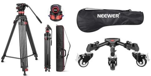 NEEWER 74 Trípode de Vídeo con Amortiguación Ajustable, Placa QR de Modo Dual Metal Resistente & Trípode Fotografía Dolly, Servicio Pesado con Ruedas Goma 7,62cm, Soporte Pata Ajustable