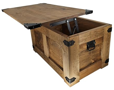 CREATIVE COOPER Couchtisch, holzbox, schatztruhe, aufbewahrungsbox, rustikal truhentisch, couchtisch, 77x49x45 cm, Handarbeit holztruhe, Eco Holzöl Braun