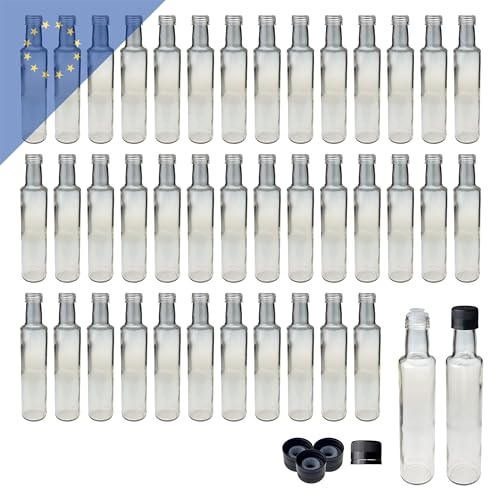 Dorica Lot 42 bouteilles verre transparent 250 ml bouchon noir PP31.5 bec verseur - Idéal huiles, jus, vinaigre - Bouteille robuste longue durée