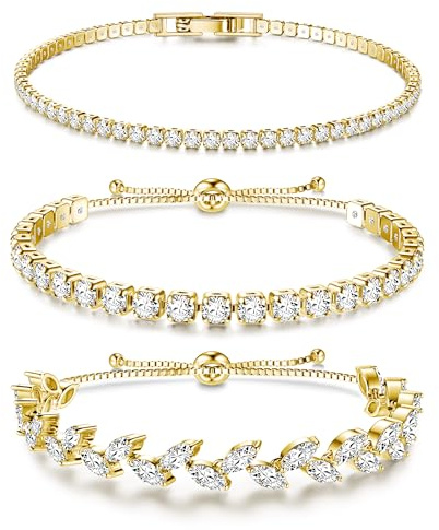 Dochais 3 stycken tennisarmband damer silver guld zirkonia armband diamant armband damer armband glitter tennisarmband strass kristaller set för kvinnor flickor fru mamma smycken gåva, 18,5 cm, 25 cm