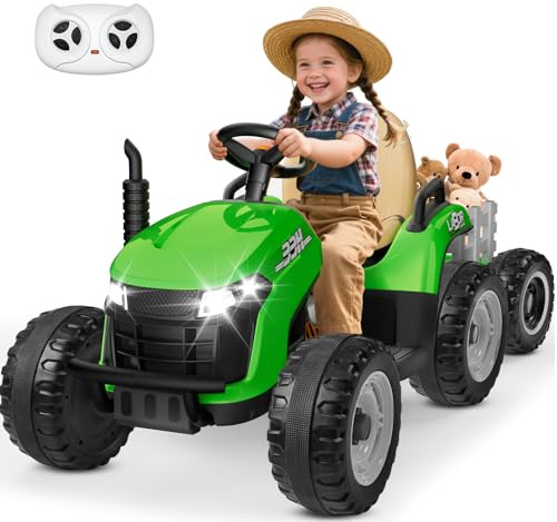 ANPABO 24V Ride On Tractor w/Tiltable & Detachable Trailer, EVA Tires, Up to 4.3Mph, Ride On Toys with Parental Remote, Realistic Tractor Sound & Chimney, Music Player, LED Light, Green