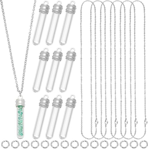 SUNNYCLUE 1 Box DIY 10 Sets Glasfläschchen Halsketten Großpackung Wunschflasche Halskette Glücksbringer Silber Transparent Mit Edelstahlkette Hängeröhre Leerer Anhänger Für Schmuckherstellung Handgefe