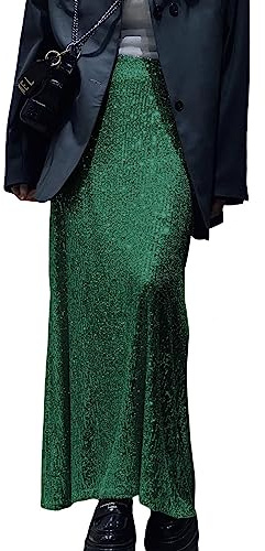 Pailletten Damen Lang Glitzer Rock - Niedrige Taille Party Elegant Bleistift A-Linie Tüll (Grün, L)