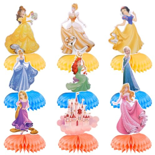 HVIHWI 9 Pieces Cute Princess Birthday Decorations, 3D Princess Theme Birthday Party Decorations Birthday Honeycomb Centerpieces for Table Decorations Party Supplies Favor Props