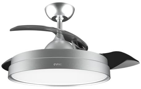 EVVO Ventilador de Techo con Aspas Rectráctiles y Luz, Ø107cm, 3 Aspas, Motor DC 40W, 6 Velocidades, Temporizador hasta 4h, Función Invierno-Verano, Protección IP44 (Metal)