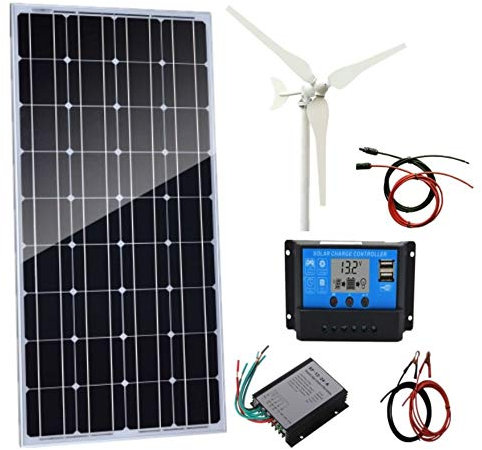 Kit eolico e solare da 200 W (220 W)/Kit sistema ibrido: generatore eolico da 100 W e pannello solare monocristallino da 120 W + regolatore di turbina eolica + regolatore di carica solare + accessori