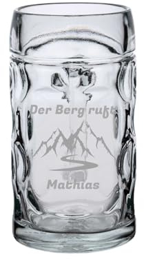 LUXENTU ISAR Bierkrug mit Gravur, Berg-Motiv, 0,5 l, 1 Stück | Personalisiertes Bierseidel zum Geburtstag mit Bergwanderer-Motiv für Bierliebhaber, spülmaschinenfest