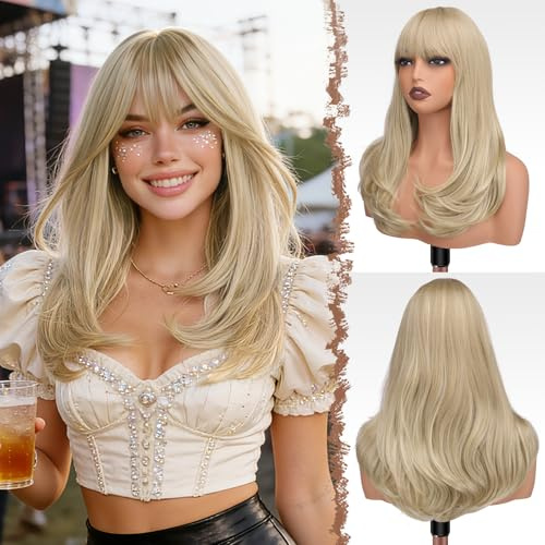 FESHFEN Lang Perücken mit Pony, Damen Dreckige Blonde Perücke Synthetik Geschichtete Haar Natürlicher Look Kunsthaar Haarperücke Tägliche Party Cosplay Karneval für Frauen 45 cm