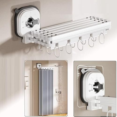 Faltbare Duschvorhangstange mit Duschvorhang(1.8x2M), Wandmontage Eckvorhangstangen mit 12 Vorhangringen, 5-fold Klappbare Duschvorhangstange für Badezimmer ohne Bohren (Saugnapf)