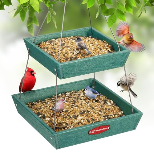 Kingsyard 2 Tier Platform Bird Feeder for Outdoors Hanging | Recycled Poly Lumber Tray, 5 Lbs Capacity, Garden Decoration Attracts Cardinal Bluebird Goldfinch, Green