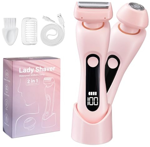 Lady Shavers for Women Bikini Trimmer: 2 in 1 Electric Razors Women Facial Hair Remover Epilator IPX7 Wet & Dry - USB Rechargeable Painless Women Body Shaver for Face, Legs, Underarm & Intimate Areas