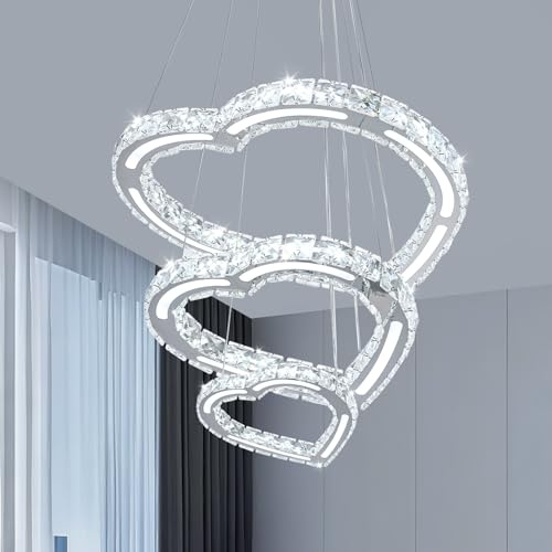 FRIXCHUR Modern Crystal Chandelier Acrylic 3 Heart Rings LED Pendant Light Fixture Hanging Adjustable Stainless Steel Ceiling Lamp for Living Room Bedroom Dinning Room (Cool White)