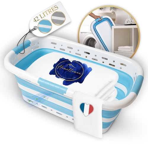 Homellence Corbeille à Linge Pliable 42L avec Trous de Ventilation - Panier à Linge Pliable - Grande Bassine Plastique Portable pour Linge Sale et Propre avec 3 Poignées - 65x40x27/8,5cm (Bleu)