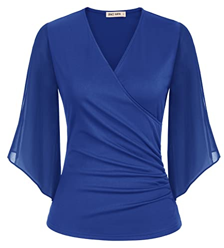 GRACE KARIN Women’s Long Sleeve Tops V-Neck Wrap Pleated Casual Tunic Blouses Slim Fit Evening Tops for Summer L Size 16 Red