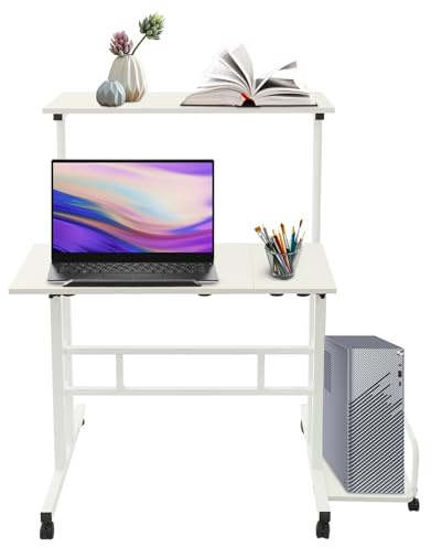 soudesileim Computertisch Höhenverstellbar 67-115cm, Schreibtisch mit 2 Klappplatte, Load Capacity 20kg, H-Förmige Struktur, 6 Räder mit Bremsbar, Mobiler Stehpult (Weiß)