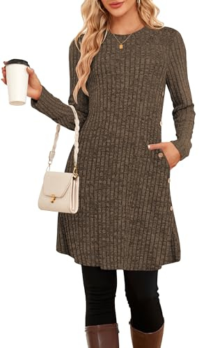 SENBATU Robe Pull d'hiver pour Femme Tunique tricotée à Manches Longues avec Poches Robe boutonnée avec Poches pour Leggings(Marron,Petit)