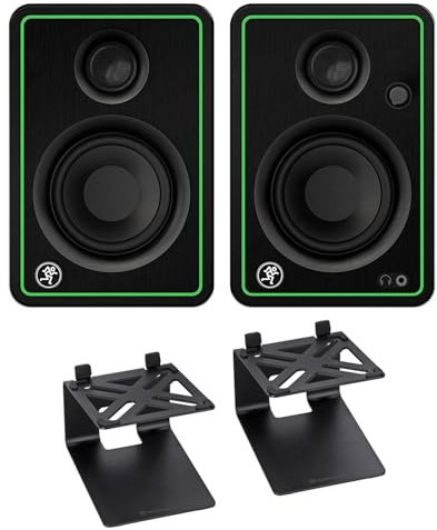 Audiosavings Bundle: Pair of Mackie CR3-XBT 3 50w Bluetooth Multimedia Studio Monitors Speakers Bundle with Pair of Rockville SR4 Speaker Riser Stands for 4 Desktop Speakers or Monitors (2 Items)
