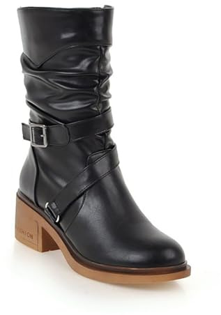 GHSIRUEU Stivali metà Polpaccio Donna Punta Arrotondata Cerniera Retro Biker Stivali con Fibbia,Nero,36 EU
