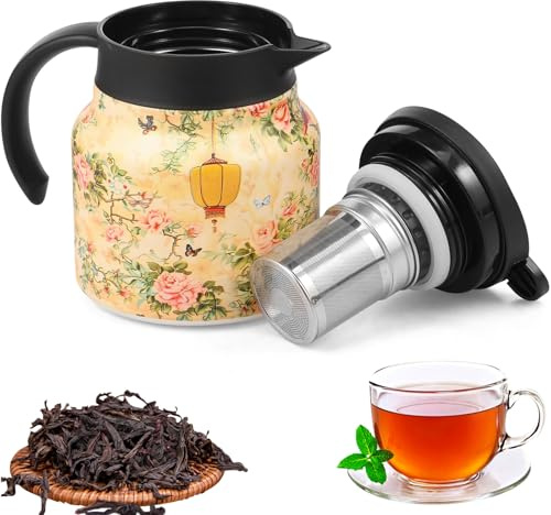 Vintage Floral Pattern Teapot,800ml Tea Thermal with Infuser and Handle, Stainless Steel Carafe Teapot,Floral Teapots Insulated Flask Mini Coffee Pot for Home Office(Style 4)