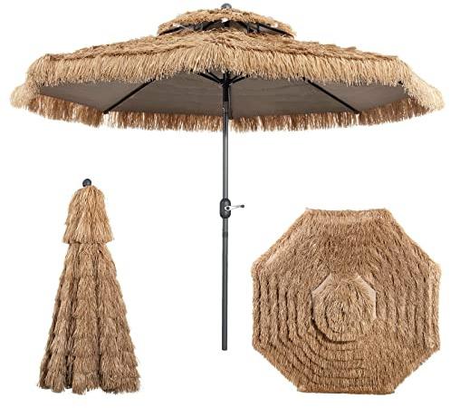 RELAX4LIFE Ombrellone da Spiaggia 2,7M/3M, Parasole Hawaiano in Paglia, Inclinazione Regolabile, Non Base, per Giardino, Cortile, Piscina (2,7m, sanza Luci)