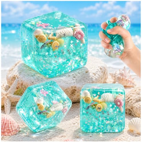 3 Pcs Balle Anti-Stress Océan Cube Squishy,Balle Antistress Motif Océan | Cube Sensoriel Translucide avec Coquillages & Étoiles Flottants, Jouet Anti Stress Squishy Kawaii pour Enfant & Adulte
