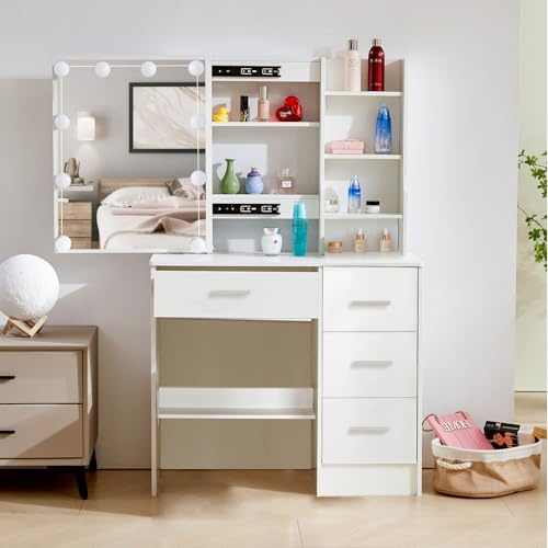 Buildonely Toeletta Trucco con Luci, Toeletta Trucco con Sgabello, 3 Temperature di Colore e Luminosità Regolabile, Bianco, 36x80x131cm