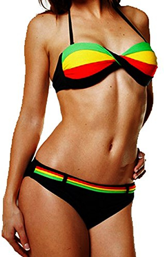 Maillot de Bain Femme 2 pièces Bikini Bandeau Rasta (S(36), Noir)