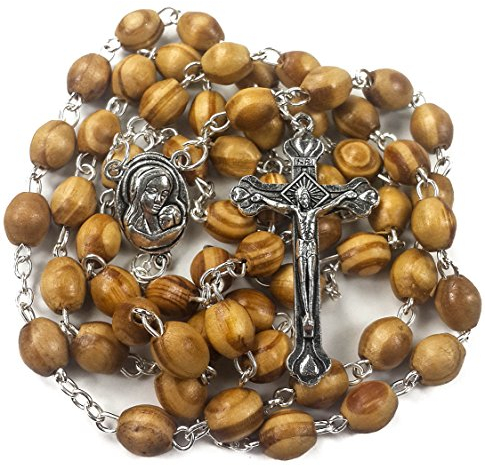 Nazareth Store Rosenkranz-Halskette aus Olivenholz mit Metallkreuz im Samtgeschenkbeutel