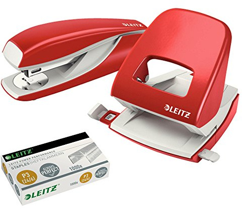 Leitz 5008 NeXXt Series Bürolocher, Metall, bis zu 30 Blatt/Kombi-Set mit Heftgerät + 1000 Klammern extra (rot)