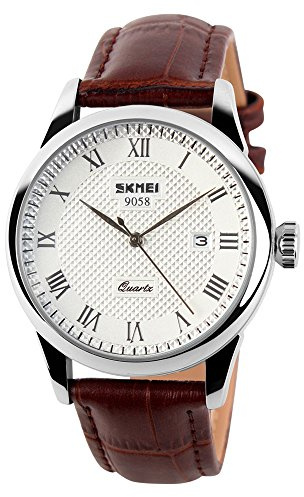 SKMEI Relojes de Pulsera de Cuarzo para Hombre de Negocios, números Romanos, Correa de Cuero, Casual, Resistente al Agua, Relojes analógicos, Plata, Relojes de Cuarzo