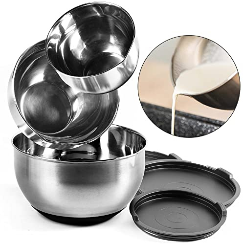 Coninx Rührschüssel Set Edelstahl, 3er mit Salatschüssel Deckel, Schüssel Rutschfestem Boden Spülmaschinenfest, Ausguss und Messskala