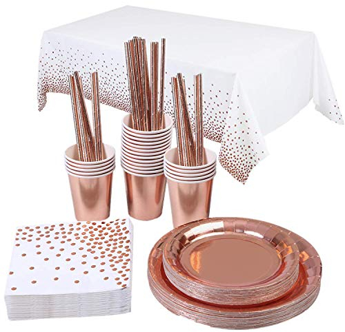 TOPWAYS Rose Gold Birthday Decorations Party Tableware Set, Disposable Paper Party Plates Cups Napkins Tablecloth Decorations for Kids Women Men Birthday, Weddings, Picnics, Anniversary (16 Guests)