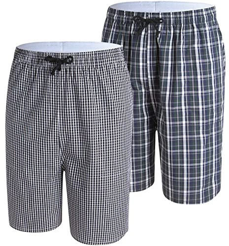 MoFiz Pantalones Cortos de Pijama Hombre Algodón Shorts a Cuadros Pantalón de Dormir Casa con Bolsillos Pack de 2 EU XXL (Etiqueta XL)
