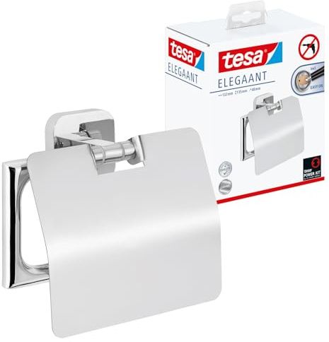 tesa ELEGAANT Toilettenpapierhalter mit Deckel, verchromt - zur Wandbefestigung ohne Bohren, inkl. Klebelösung - 132mm x 135mm x 48mm