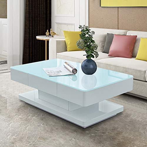 LEMROE 1PC White Coffee Table for Living Room with 8mm Tempered Glass Top and High-Gloss Surface 2 Storage Drawers Table (White)