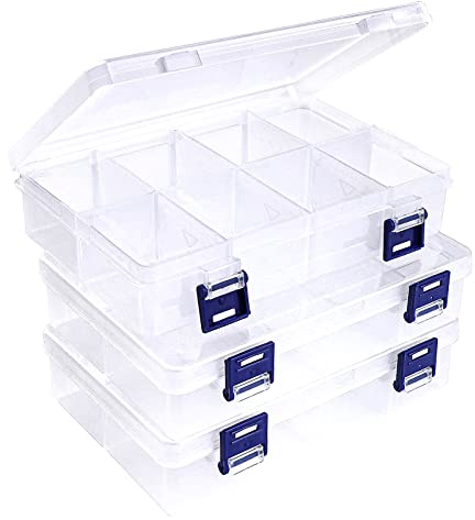 Hocadrv Baven 3Pcs Plastic Jewellery Organiser,Plastic Compartment Box,With 8 Grids Adjustable Compartments Adjustable,Divider Box for Beads Earring Tool Fishing Small Accessories(Clear)