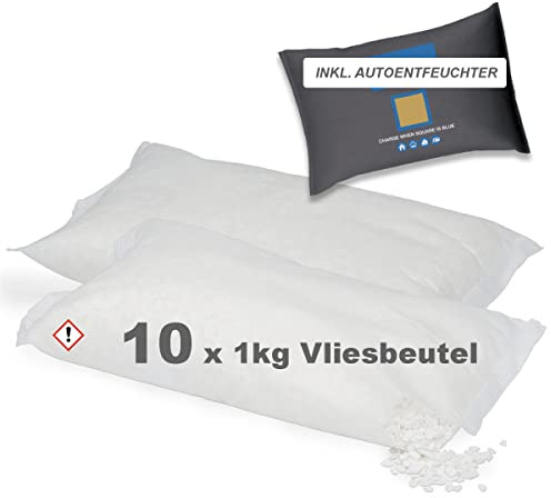 Luft-Entfeuchter Granulat Nachfüllpack 10 x 1 kg inkl. 1x Autoentfeuchter Kissen mit Sättigungsanzeige Raumentfeuchter ohne Strom