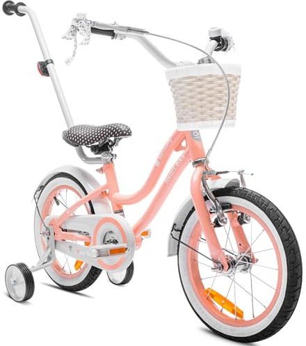 sun baby Heart Bike Kinderfahrrad für Mädchen 14 Zoll, ab 3 Jahre, mit Stützrädern, Abnehmbarer Schubstange, Korb, Klingel, Rücktrittbremse & V-Brake (Aprikose, 14 Zoll)