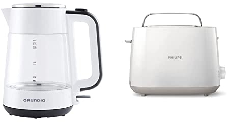 Grundig WK 5860 Wasserkocher, Glas, 2400W, 1,7 l, 2400, Aluminium, 1 Liter, Weiß/Schwarz & Philips Toaster – 2 Toastschlitze, 8 Stufen, Brötchenaufsatz, Auftaufunktion, Liftfunktion, weiß (HD2581/00)