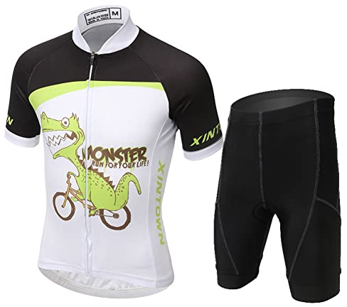 Amur Leopard Completo da Ciclismo Bambini Unisex Maglia a Manica Corta + Pantaloncini Imbottiti Abbigliamento della Bicicletta per Ragazzi, Piccolo Dinosauro, L/8-9 Anni