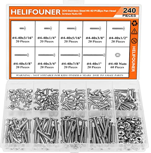 HELIFOUNER 240 Pieces #4-40 Phillips Pan Head Machine Screws Nuts Assortment Kit, Coarse Thread, Fully Machine Threaded, 304 Stainless Steel
