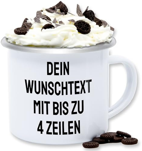 Emaille Tasse Blechtasse - Aufdruck selbst gestalten - Wunschtext I Eigener Text I Personalisierter Text I Custom Text - 300 ml - Weiß Silber - kaffeebecher bedrucken tassen personalisieren