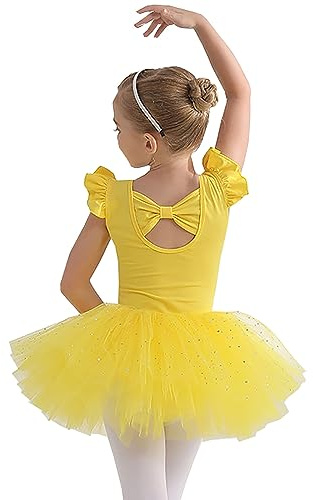 Ragazza Vestito da Balletto Gonne tutù per Ragazze in Tulle a 4 Strati Body per Danza tutù da Balletto Leotard Vestito Ginnastica Manica Corta Ballerina Bambina Body,110, Yellow