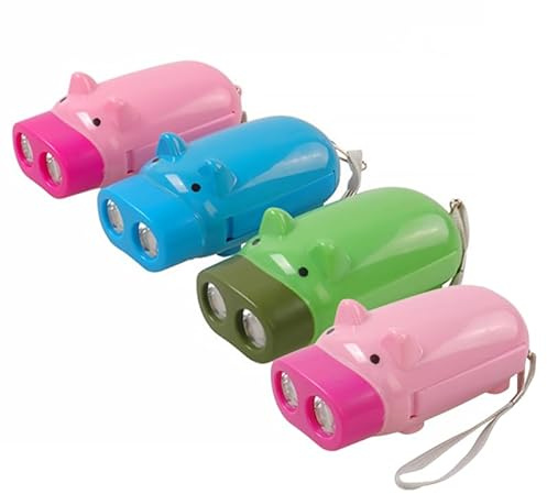 Hemobllo Lot de 4 lampes de poche de camping en forme de cochon - Petite lampe de poche à main pour enfants - Ensemble de jeu d'extérieur rechargeable - Lampe torche en plastique - Manivelle