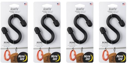 Nite Ize Gear Tie Bendable S-Hook - Utility S-Hook for Hanging - Bendable Rubber Hook Cable - Strong Hook for Closets, Garages & More - Tough Rubber Shell with Flexible Wire - Black (4 Pack)